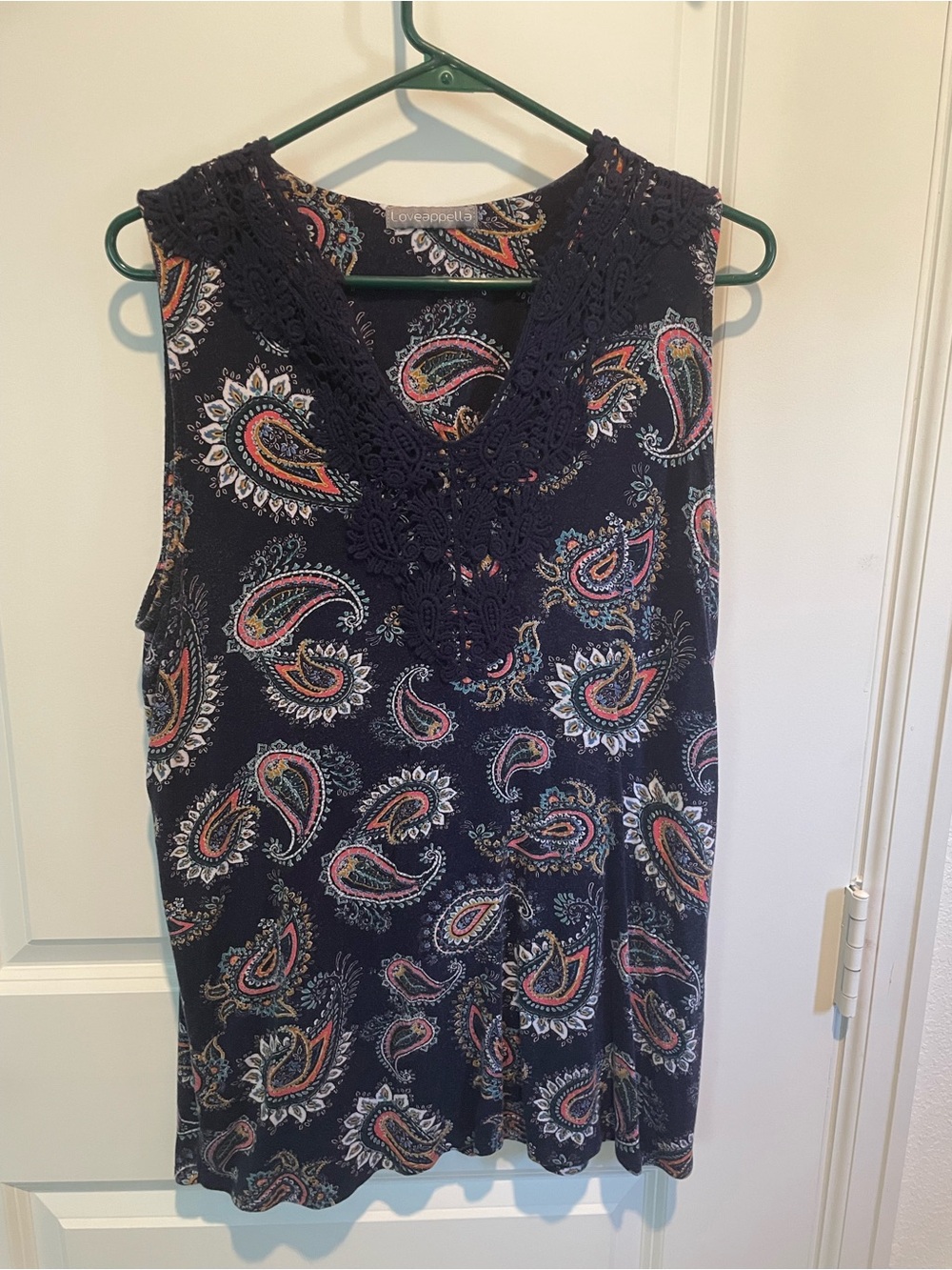 Loveappella Navy Paisley Crochet V-Neck Sleeveless Shirt
